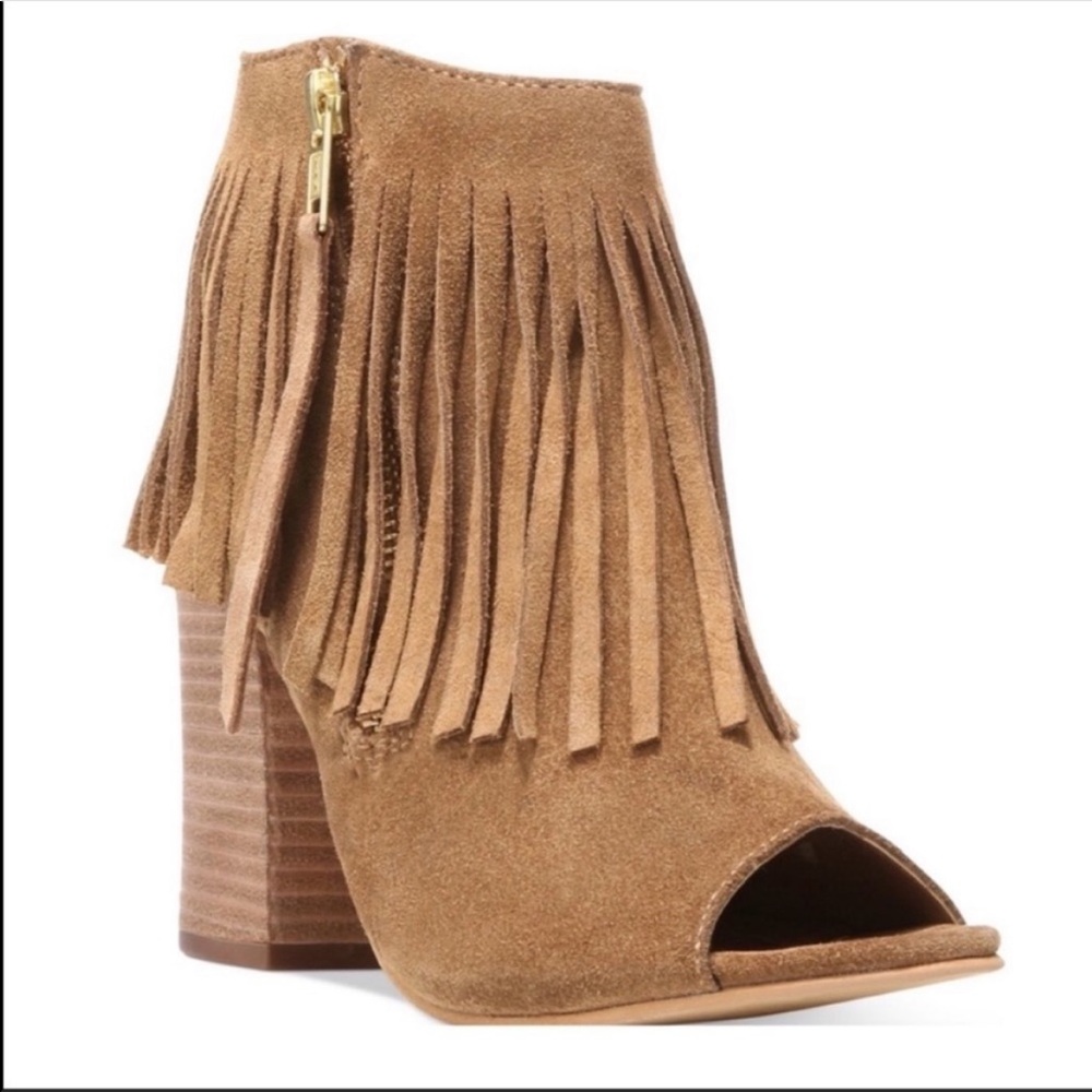 Carlos Santana Suede Fringe Peep Toe Heels
